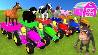 Funny Monkey With Farm Animals Go On Red Tractor Toys For Kids - Old MacDonald Nursery Rhymes