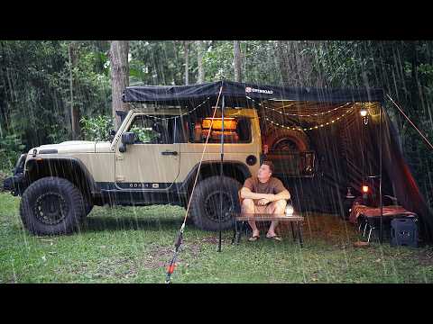 Solo CAR Camping in the RAIN [ Relaxing in an Air Conditioned Shelter, ASMR ]