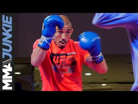 Jose Aldo hits mitts for fans in attendance at UFC 237 open workouts