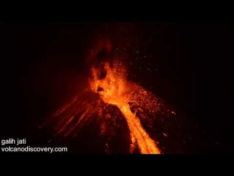 Paroxysmal eruption from Krakatoa volcano - violent lava fountains and lava flow