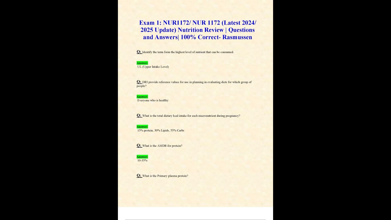 EXAM 1 NUR1172 NUR 1172 LATEST 2024 2025 UPDATE NUTRITION REVIEW QUESTIONS AND ANSWERS 100 CORRECT R