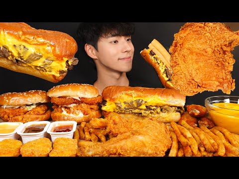 ASMR MUKBANG CHICKEN BURGER & CHEESESTEAK SANDWICH & FRIED CHICKEN & CHICKEN WINGS & FRIES