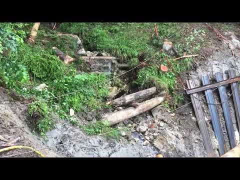 St.Galler Forstwart-Lernende errichten in Gams im steilen Wald eine Bachsperre aus Holz.