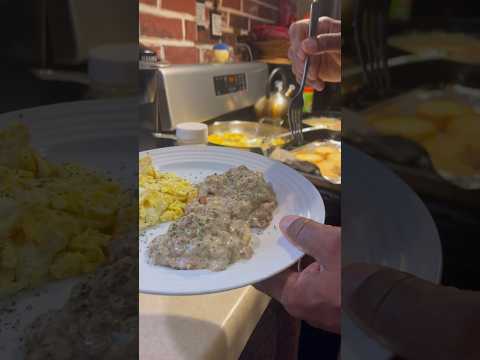 A Delicious Biscuits and Sausage Gravy with Cheese Eggs Breakfast | Easy Breakfast Recipe