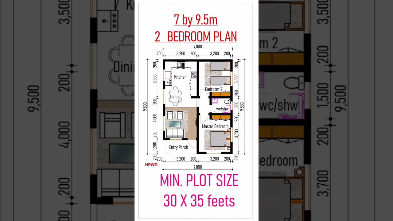 7 by 9.5m 2 BEDROOM HOUSE DESIGN PLAN