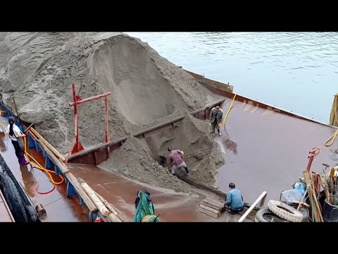 Barges unload construction materials, alluvial sand, pebbles, and coal - Relaxing videos