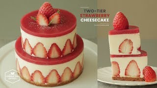 노오븐❣️ 2단 딸기 치즈케이크 만들기 : No-Bake Two-Tier Strawberry Cheesecake Recipe | Cooking tree