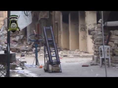 استهداف تجمعات النظام في حاجز الملعب في حي صلاح الدين بواسطة صاروخ محلي الصنع من قبل لواء السلام