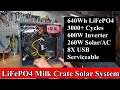 620 milk crate solar power system 640wh lifepo4 500w inverter 260w
solarac input 8x usb
