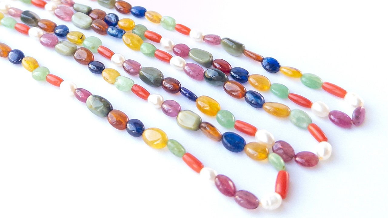 Multi Precious | Navratan | Smooth Oval | 5-5.5mm Bead Size | 41cm Strand Length | 67 Carats video