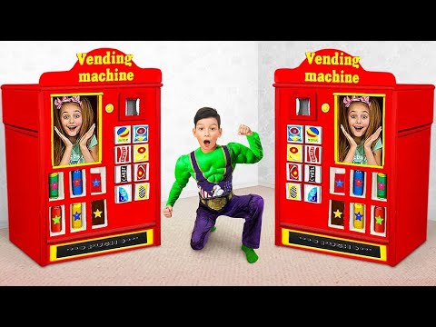 Sasha plays with Vending machine as a Superheroes and sing Baby Shark Nursery Rhymes Song for Kids