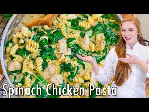 EASY, Creamy Spinach Chicken Pasta Recipe!! Delicious & Quick Dinner Idea!