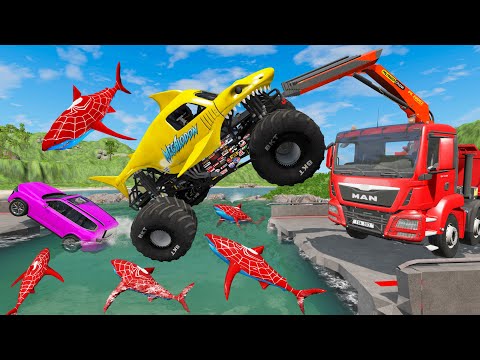 CRANE TRUCK RESCUE BUS - MONSTER TRUCK POTHOLES FLATBED TRAILER TRUCK RESCUE - CARS VS DEEP WATER