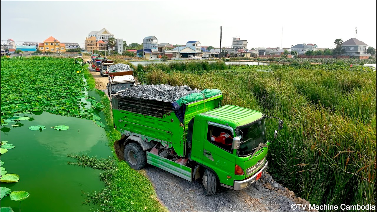 NEW Landfilling flooded & Cleaning BY Bulldozer KOMATS'u D31P Pushing stone dump truck5T Unloading