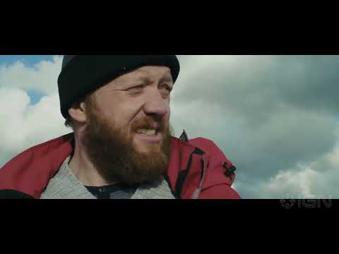 Trailer collage: motorway roll-out, cliff-top confrontation, burning caravan