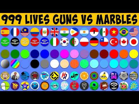 999 LIVES - Country Colour YouTuber Marbles vs Guns - Algodoo Marble Race