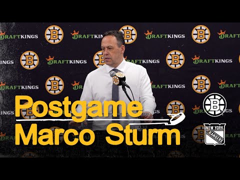 Marco Sturm speaks with media after 10-2 win over Rangers