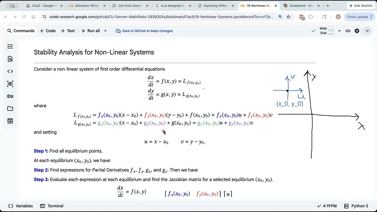Summary of Stability Analysis for System of Non-linear Differential Equations