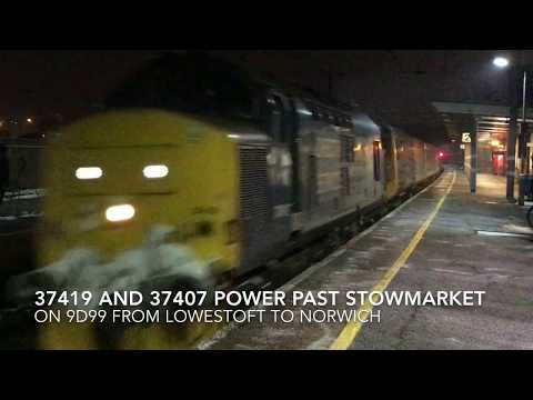 DRS 37419 and 37407 power up through Stowmarket on 9D99