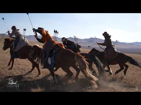 , title : 'Traditional Mongolian Cavalry performing Horseback Archery .  Namnaa Academy  archers .'