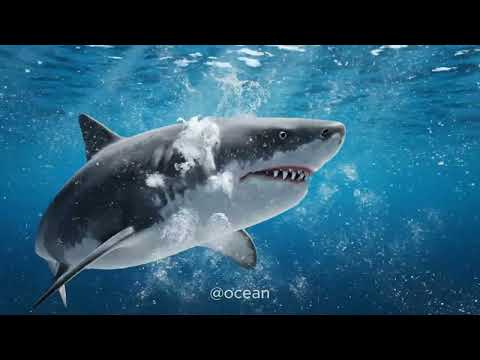 Lwy morskie i młody żarłacz biały w głębokim błękicie