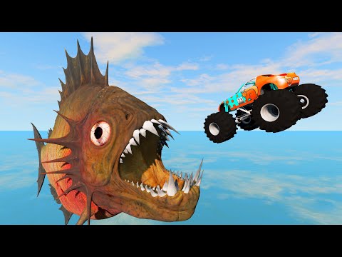Jumping Cars into the Mouth of a Giant Piranha - BeamNG.Drive