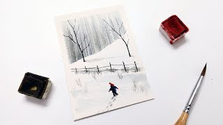 REAL TIME child walking winter scene » Easy WATERCOLOR winter landscape painting tutorial beginner
