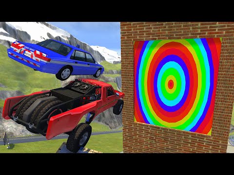 Crazy Vehicle High Speed Jumping through Rainbow Slime Water Wall Crashes - BeamNG drive