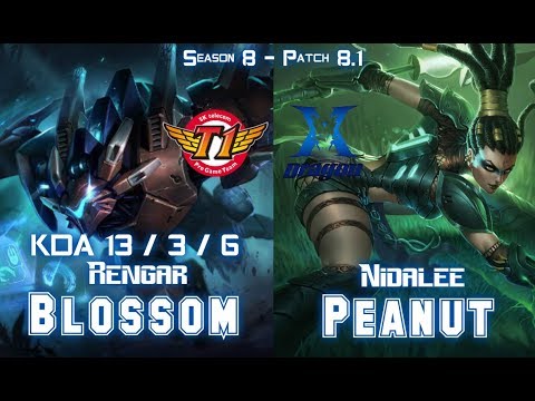 SKT T1 Blossom RENGAR vs KZ Peanut NIDALEE Jungle - Patch 8.1 KR Ranked