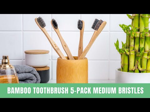 5-Pack Bamboo Toothbrush Medium Bristle, Compostable Eco Friendly Wooden Toothbrushes for Adults, Natural Biodegradable Wood Toothbrush Set