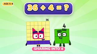 NUMBERBLOCKS SPLIT 64 INTO 4 GROUPS | LEARN TO DIVIDE STEP BY STEP FOR KIDS