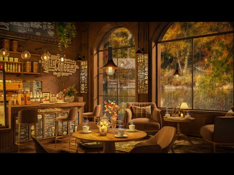 Rainy Autumn Day in Cozy Coffee Shop 4K ☕ Soothing Jazz Music for Study, Work and Sleep