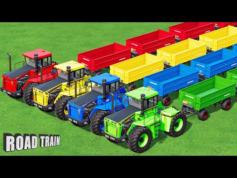 Road TRAIN With Colors! RED Fruit Transport with COLORFUL BIG BUD Tractors! Farming Simulator