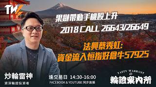 果鏈帶動手機股上升 2018 CALL 26643/26649 法興蔡秀虹:資金流入恒指好倉牛57925 ｜雷神 Lino｜Tasty Warrants 2026-04-27