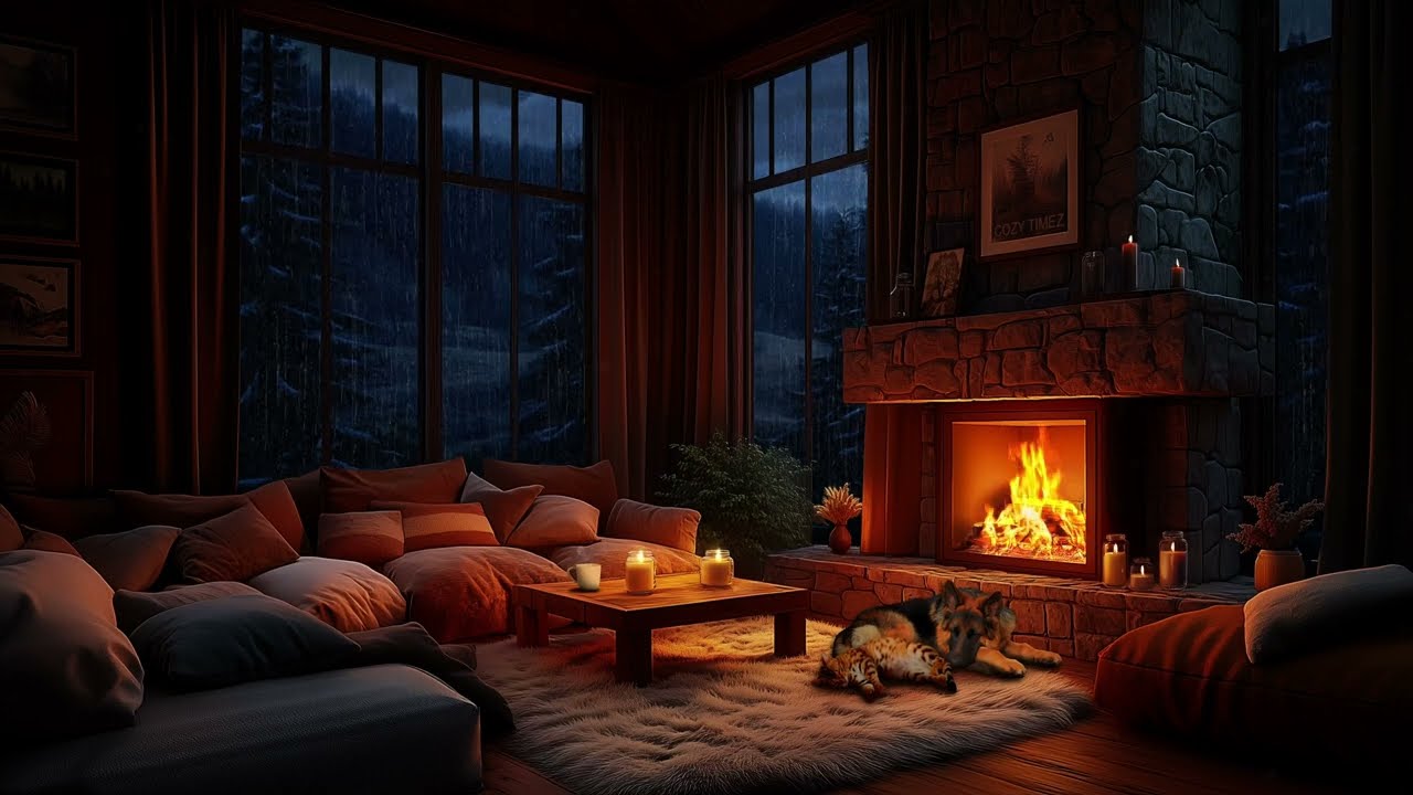 Thunderstorm with Crackling Fireplace | Cozy Living Room, Rain & Sleeping Pet