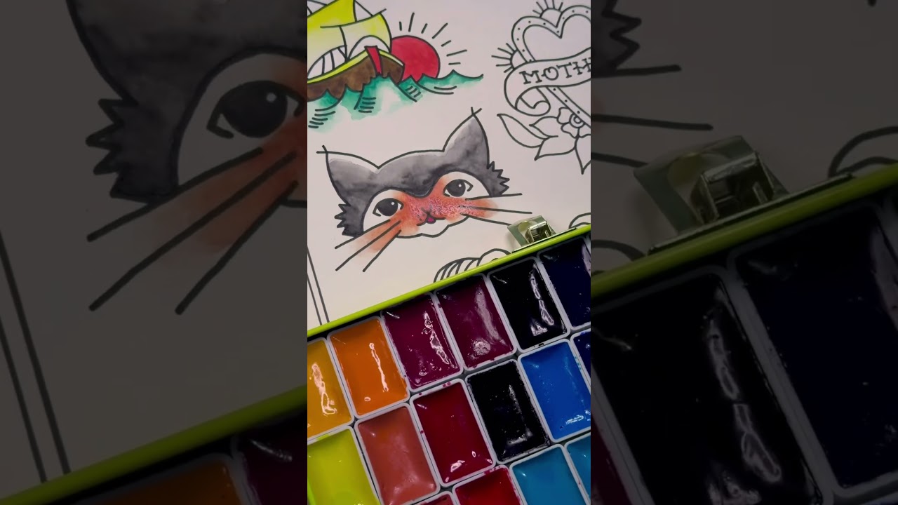 American Traditional Flash Sheet Progress | Cat Tattoo Design #tattoodesign #cattattoo