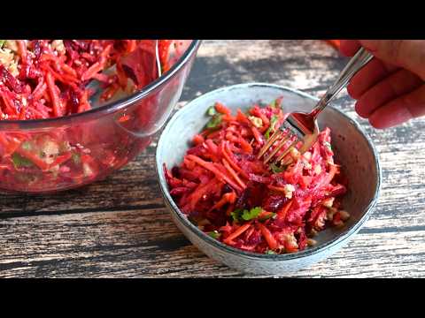 Beetroot, apple, carrot. I make this salad once a week! Healthy recipe.