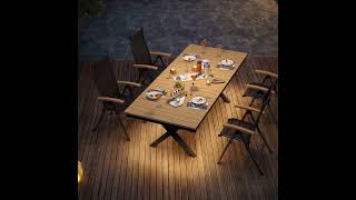 OUTFLEXX Luminara Garten-Essgruppe mit LED-Beleuchtung, anthrazit matt/natur, Aluminium/Textilen/Holzimitat, Tisch 240 x 100 cm, 4 Klappstühle