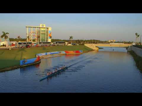 German M8+ Morning Row past Finish Line Tower at the 2017 World Rowing Championships