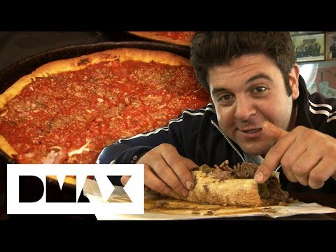 Adam Devours 2 Chicago Style Dishes: The Italian Beef Sandwich And Deep Dish Pizza | Man V Food