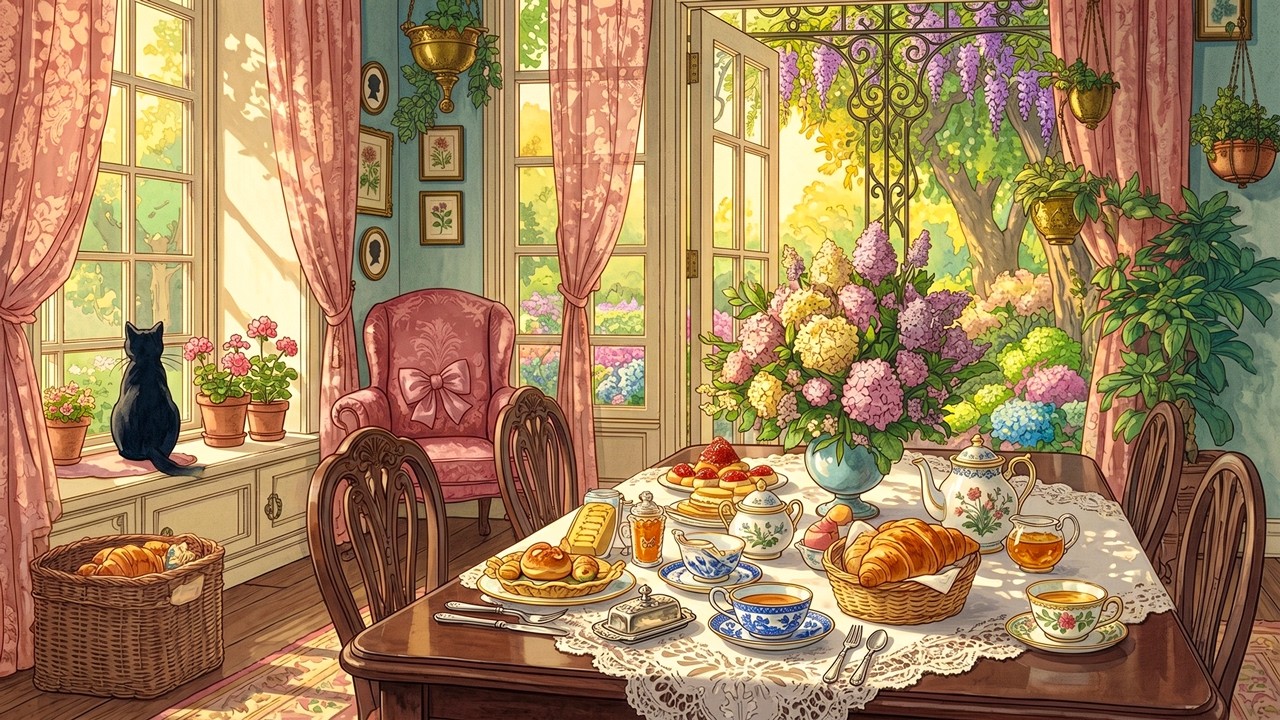 Quiet Spring Morning in a Charming Cottage by the Garden with 1940s Music Playing in Another Room