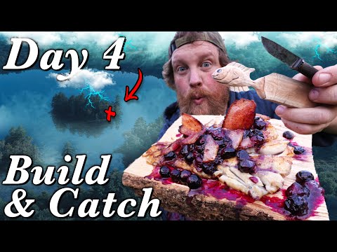 Build'n Catch and Cook Wild Blueberry Bacon Bass - Day 4 of 7 Day Island Survival Challenge Maine