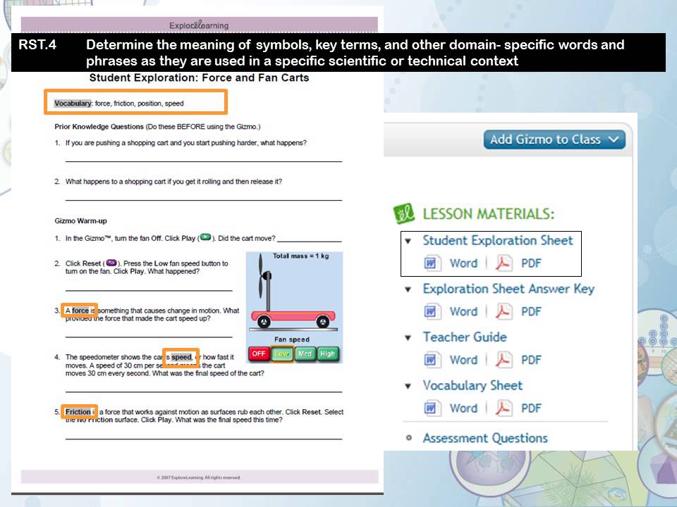 ExploreLearning Gizmos and Common Core ELA - Student Exploration Sheet