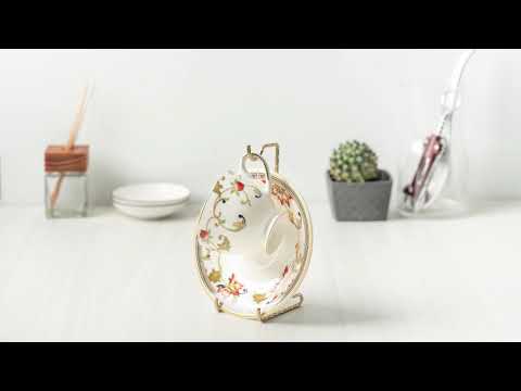 HOHIYA 6 Piece Twist Wire Cup and Saucer Display Stands Vintage Gold Teacup Holder Rack for Fine China Cabinets Elegant Porcelain Collectibles and Decorative Display Easel video