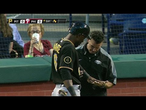 PIT@PHI: Marte hit in the hand by pitch in the 1st