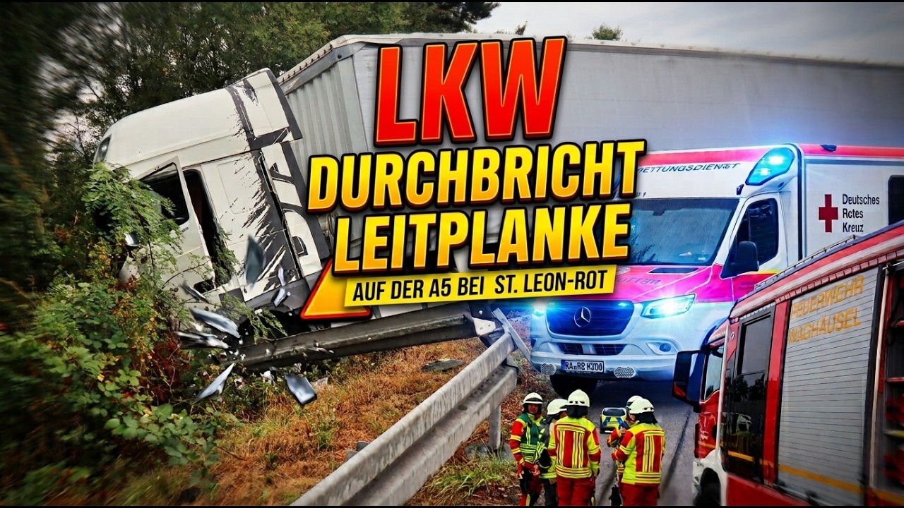 Lkw-Fahrer übersieht auf der A5 Stauende kracht in anderen Lkw und durchbricht Leitplanke Leitplanke