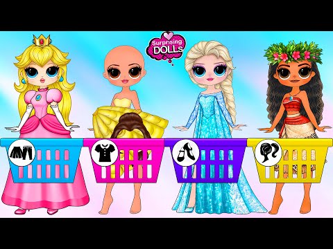 Princess Peach, Elsa, Ariel, Belle, Moana Princess Clothes Switch up | SurprisingDolls Paper DIY