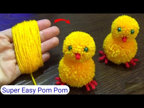 Super Easy Pom Pom Chicken Making Idea with Fingers - DIY Pom Pom Chick - How to Make Yarn Chicken