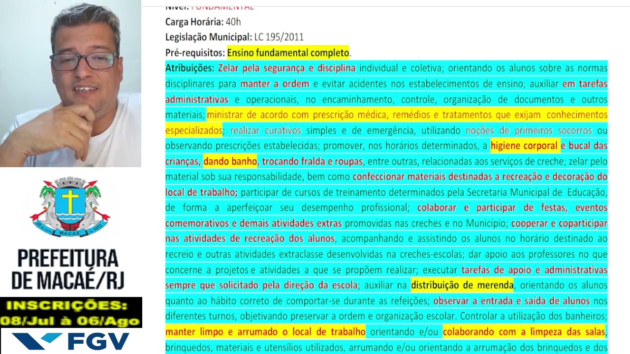 CONCURSO MACAÉ 2024. PROBLEMAS NAS ATRIBUIÇÕES DO CARGO "AUXILIAR DE SERVIÇOS ESCOLARES".