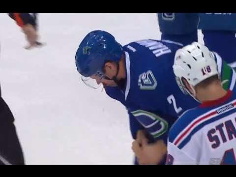 Dan Hamhuis Takes a Slap Shot to the Face